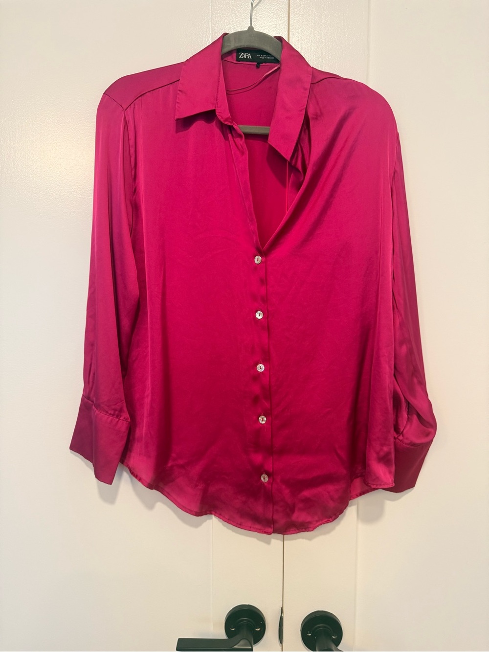 Zara Women's Satin Button-Down Blouse in Fuchsia